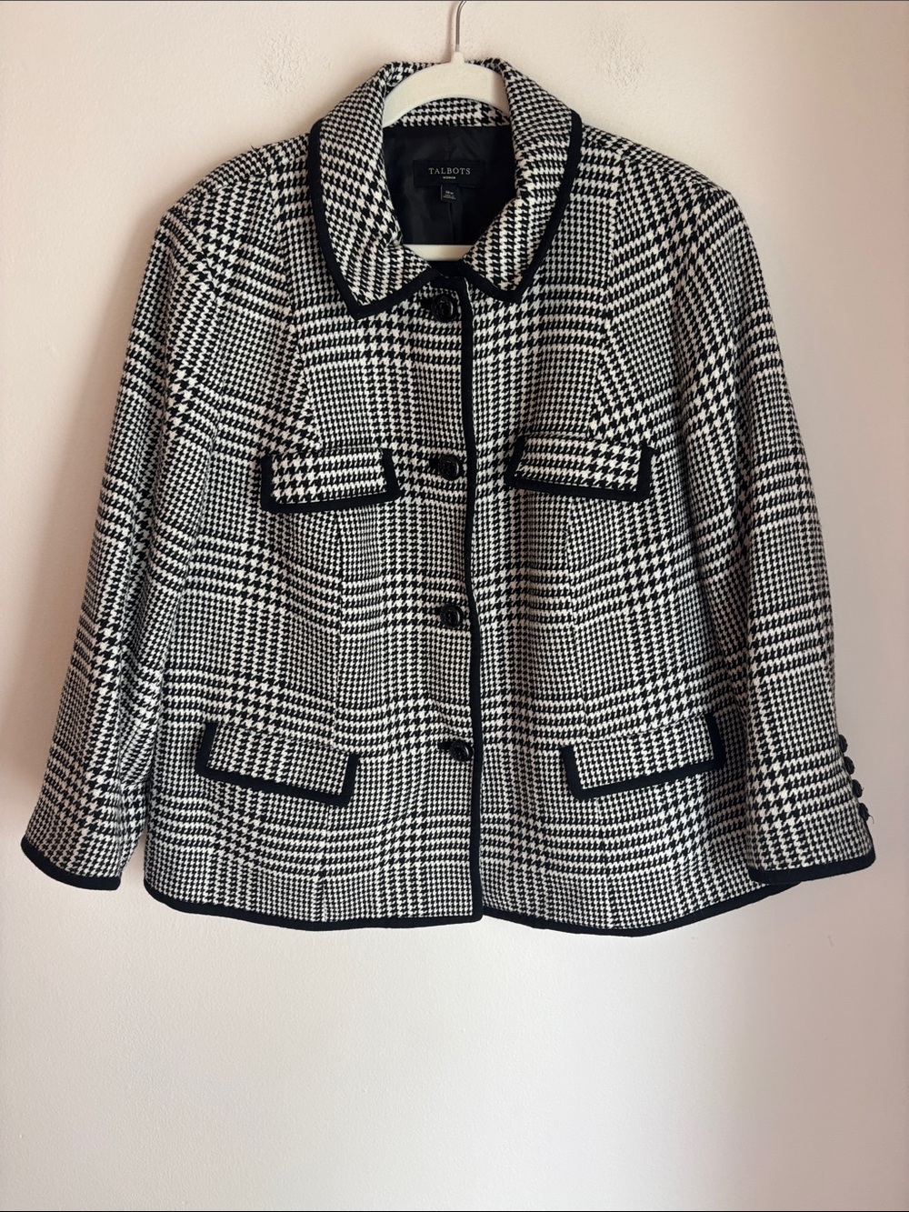 Talbots houndstooth Black White womens wool blend Boxy Blazer jacket 18 Classic